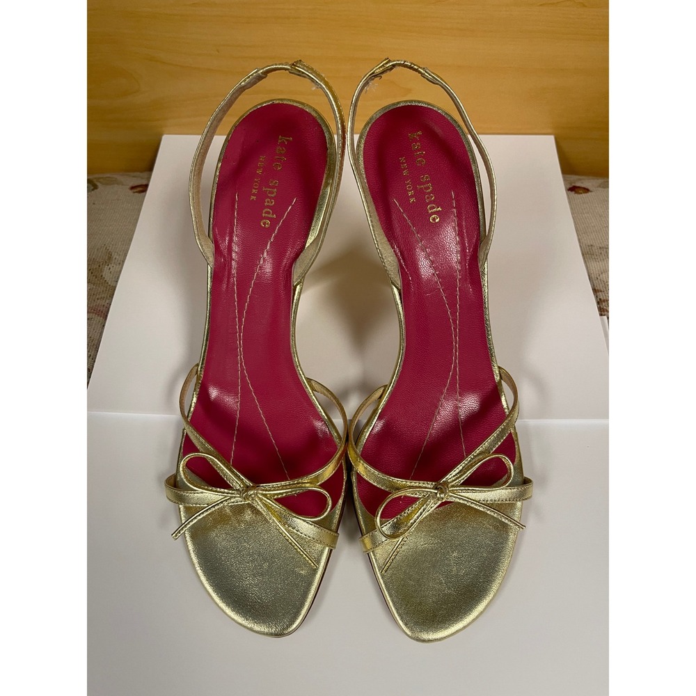 Kate Spade New York Metallic Gold Leather Bow Slingback Heels Sandals Size 8 B